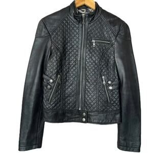 DKNY Jacket Women Medium Black Quilted Genuine Lamb Leather Moto Biker Zip Front
